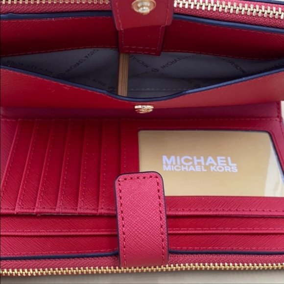 Michael Kors Jet Set Travel Large Double Zip Wallet Wristlet Leather Flame - Picture 14 of 16
